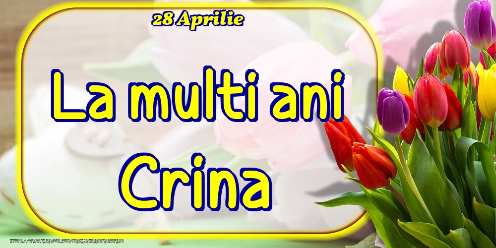 28 Aprilie -La  mulți ani Crina! | Felicitare cu lalele colorate | Felicitari de Ziua Numelui