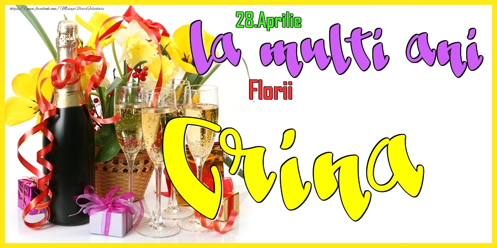 28.Aprilie - La mulți ani Crina! - Florii | Felicitare cu flori galbene în coș și sampanie cu pahare | Felicitari de Ziua Numelui