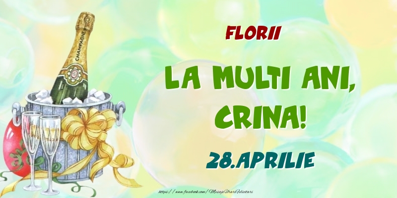 Florii La multi ani, Crina! 28.Aprilie | Felicitare cu șampanie la gheața pe fundal cu baloane | Felicitari de Ziua Numelui