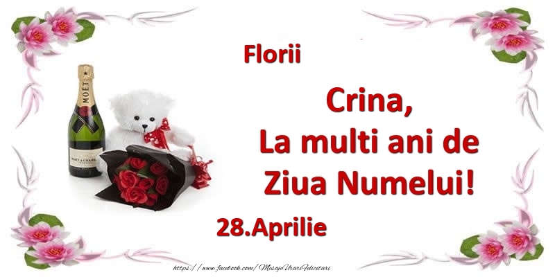 Crina, la multi ani de ziua numelui! 28.Aprilie Florii | Felicitare cu buchet de flori, șampanie și ursuleț pentru femei | Felicitari de Ziua Numelui