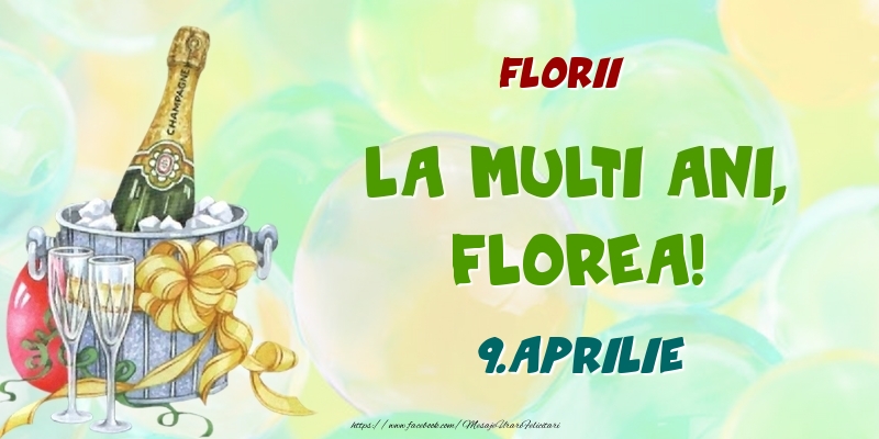 Florii La multi ani, Florea! 9.Aprilie | Felicitare cu șampanie la gheața pe fundal cu baloane | Felicitari de Ziua Numelui