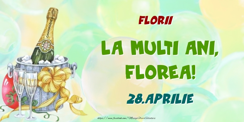 Florii La multi ani, Florea! 28.Aprilie | Felicitare cu șampanie la gheața pe fundal cu baloane | Felicitari de Ziua Numelui