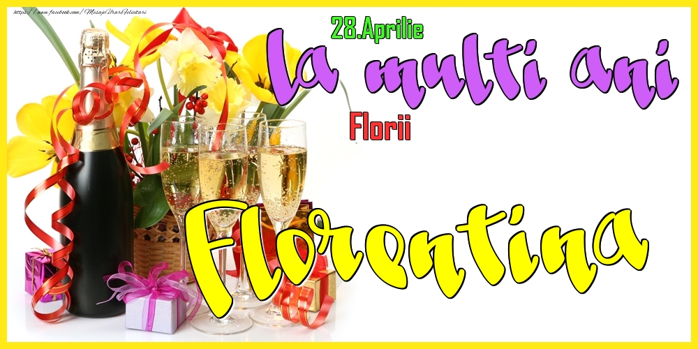 28.Aprilie - La mulți ani Florentina! - Florii | Felicitare cu flori galbene în coș și sampanie cu pahare | Felicitari de Ziua Numelui