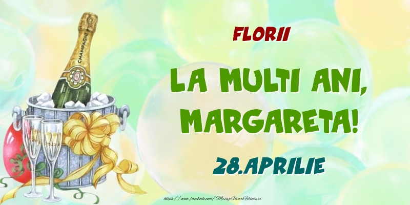 Florii La multi ani, Margareta! 28.Aprilie | Felicitare cu șampanie la gheața pe fundal cu baloane | Felicitari de Ziua Numelui