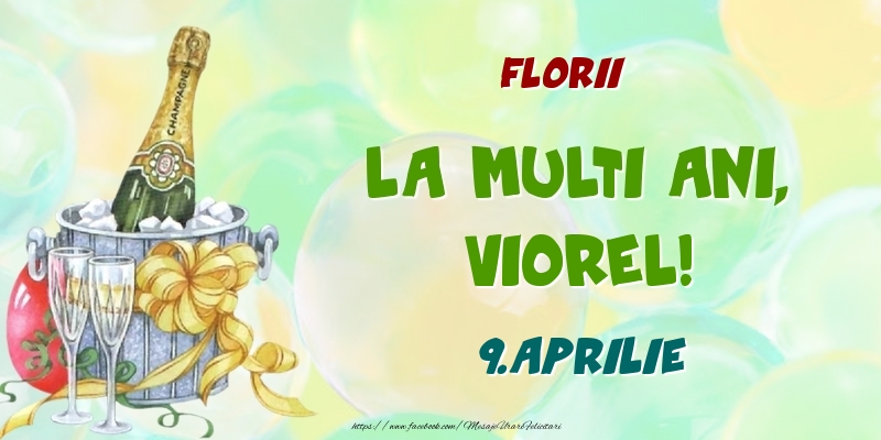 Florii La multi ani, Viorel! 9.Aprilie | Felicitare cu șampanie la gheața pe fundal cu baloane | Felicitari de Ziua Numelui